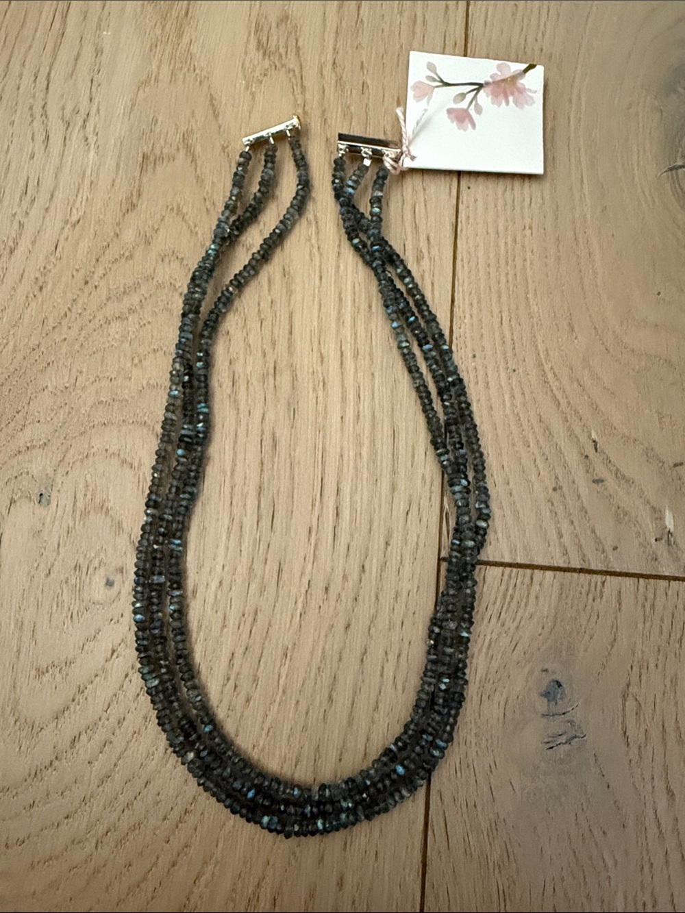 Natural labrodrite and sterling silver three strand necklace